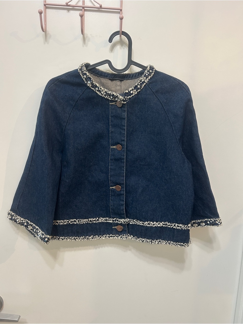 Vintage Dark Blue Denim Jacket with Tweed Trim